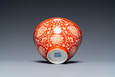 A Chinese coral-ground reserve-decorated 'lotus' bowl, Jiaqing mark, 19/20th C.