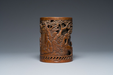Pot &agrave; pinceaux en bronze &agrave; double parois, Chine, marque de Xuande, Qing
