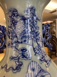 A Chinese blue and white celadon-ground 'immortals' vase, 19th C.