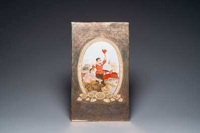 Two Chinese plaques with Cultural Revolution design on a partly gilt ground