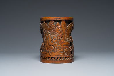 Pot &agrave; pinceaux en bronze &agrave; double parois, Chine, marque de Xuande, Qing