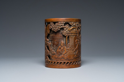 Pot &agrave; pinceaux en bronze &agrave; double parois, Chine, marque de Xuande, Qing