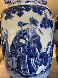 A pair of Chinese blue and white 'Sanxing' vases, Jiaqing