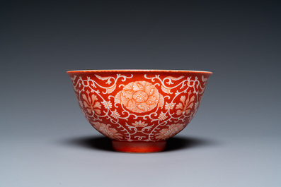 A Chinese coral-ground reserve-decorated 'lotus' bowl, Jiaqing mark, 19/20th C.