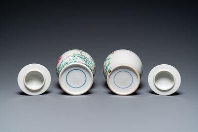 A pair of fine Chinese famille rose vases and covers, 19th C.