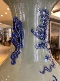 A Chinese blue and white celadon-ground 'immortals' vase, 19th C.