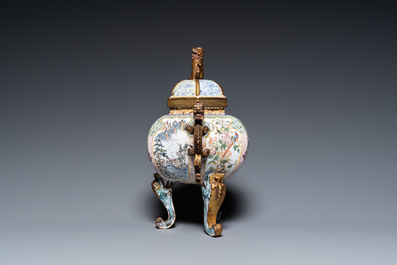 A large Chinese Canton enamel censer and cover, Qianlong mark, 19th C.