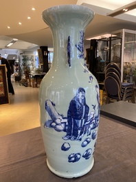 A Chinese blue and white celadon-ground 'immortals' vase, 19th C.
