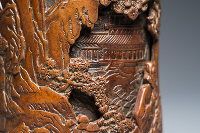 Pot &agrave; pinceaux en bronze &agrave; double parois, Chine, marque de Xuande, Qing