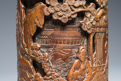 Pot &agrave; pinceaux en bronze &agrave; double parois, Chine, marque de Xuande, Qing