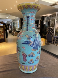 A Chinese famille rose turquoise-ground 'immortals' vase, 19th C.