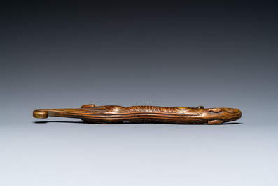 A Chinese bronze 'chilong' scroll weight, probably Qing