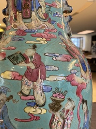 A Chinese famille rose turquoise-ground 'immortals' vase, 19th C.