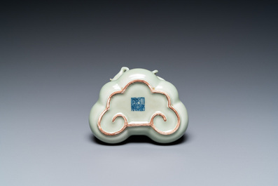 A Chinese celadon-glazed 'lingzhi' brush washer, Qianlong mark, 19/20th C.