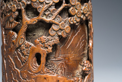 Pot &agrave; pinceaux en bronze &agrave; double parois, Chine, marque de Xuande, Qing