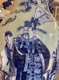 A Chinese blue and white celadon-ground 'immortals' vase, 19th C.