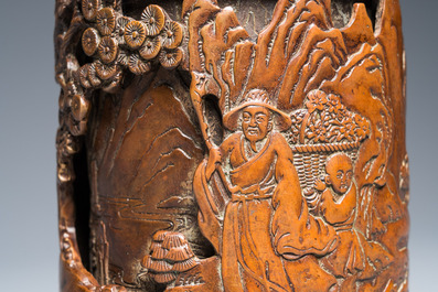 Pot &agrave; pinceaux en bronze &agrave; double parois, Chine, marque de Xuande, Qing