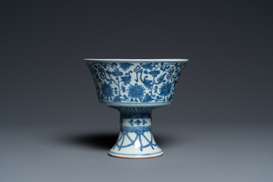 A Chinese blue and white 'Lan&ccedil;a' stem cup, Qianlong mark, 19th C.