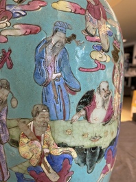 A Chinese famille rose turquoise-ground 'immortals' vase, 19th C.