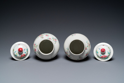 A pair of fine Chinese famille rose vases and covers, 19th C.
