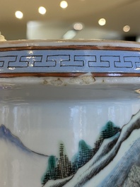 A fine Chinese famille rose rouleau vase with narrative scene, 19th C.