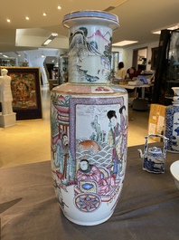 A fine Chinese famille rose rouleau vase with narrative scene, 19th C.