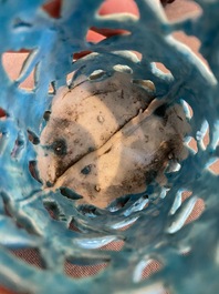 A Chinese reticulated monochrome turquoise brush pot on wooden stand, Qing