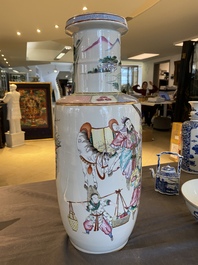 A fine Chinese famille rose rouleau vase with narrative scene, 19th C.