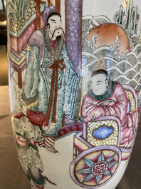 A fine Chinese famille rose rouleau vase with narrative scene, 19th C.