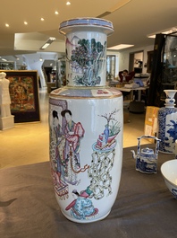 A fine Chinese famille rose rouleau vase with narrative scene, 19th C.