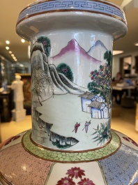 A fine Chinese famille rose rouleau vase with narrative scene, 19th C.