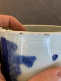 A Chinese blue and white 'lady and playing boys' brush pot, probably 19th C.
