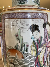 A fine Chinese famille rose rouleau vase with narrative scene, 19th C.