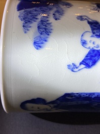 A Chinese blue and white 'lady and playing boys' brush pot, probably 19th C.