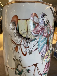 A fine Chinese famille rose rouleau vase with narrative scene, 19th C.