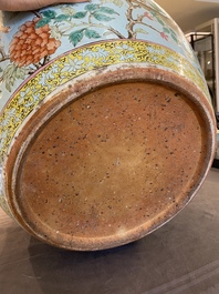 A large Chinese famille verte light blue-ground fish bowl, 19th C.