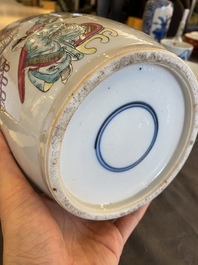 A fine Chinese famille rose rouleau vase with narrative scene, 19th C.