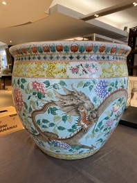 A large Chinese famille verte light blue-ground fish bowl, 19th C.
