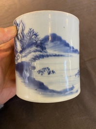 A Chinese blue and white 'landscape' brush pot, probably Kangxi