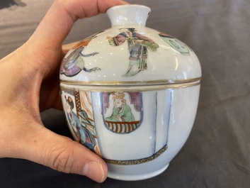 Een Chinese famille rose dekselkom met figuratief decor, Xianfeng merk en periode