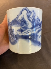A Chinese blue and white 'landscape' brush pot, probably Kangxi