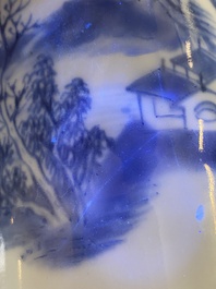 A Chinese blue and white 'landscape' brush pot, probably Kangxi