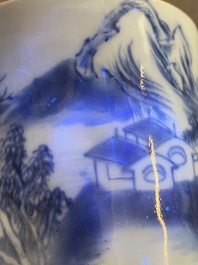 A Chinese blue and white 'landscape' brush pot, probably Kangxi