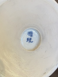A Chinese blue and white 'landscape' brush pot, probably Kangxi