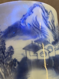 A Chinese blue and white 'landscape' brush pot, probably Kangxi