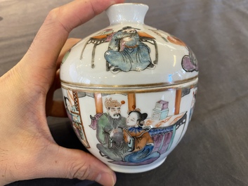 Een Chinese famille rose dekselkom met figuratief decor, Xianfeng merk en periode