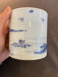 A Chinese blue and white 'landscape' brush pot, probably Kangxi