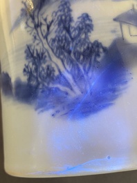 A Chinese blue and white 'landscape' brush pot, probably Kangxi