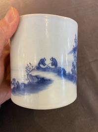 A Chinese blue and white 'landscape' brush pot, probably Kangxi