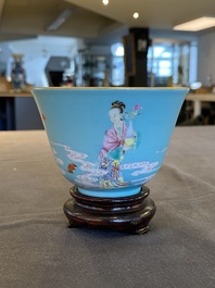 A fine Chinese turquoise-ground famille rose bowl, Yongzheng mark and possibly of the period